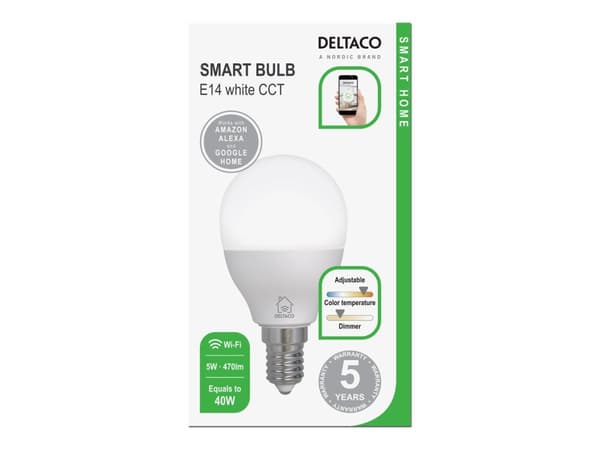 DELTACO SMART HOME - LED-glödlampa - glaserad finish - E14 - 5 W (motsvarande 40 W) - klass F - varmt vitt/kallt vitt ljus - 2700-6500 K - vit