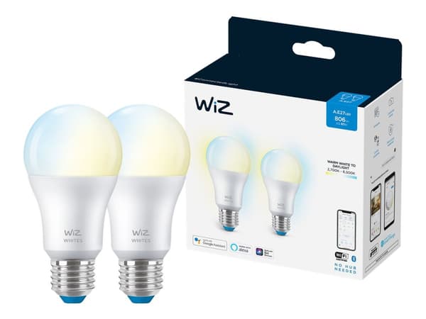 Wiz Whites - LED-glödlampa - form: A60 - E27 - 8 W (motsvarande 60 W) - klass F - tonbar vit - 2700-6500 K (paket om 2)