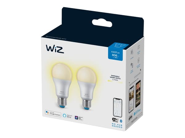 WiZ - LED-lyspære - form: A60 - mattslipt finish - E27 - 8 W (ekvivalent 60 W) - klasse F - dempet hvitt lys - 2700 K (en pakke 2)