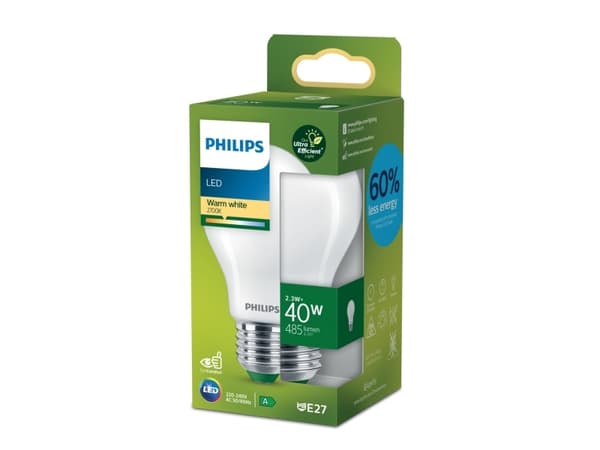 Philips - LED-filamentlyspære - form: A60 - mattslipt finish - E27 - 2.3 W (ekvivalent 40 W) - klasse A - varmt hvitt lys - 2700 K