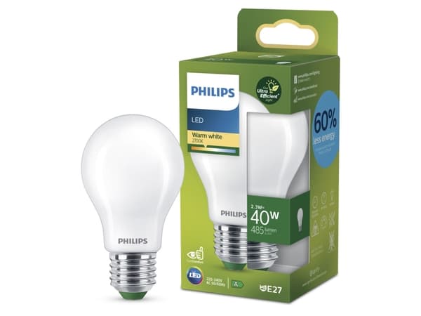 Philips - LED-filamentlyspære - form: A60 - mattslipt finish - E27 - 2.3 W (ekvivalent 40 W) - klasse A - varmt hvitt lys - 2700 K