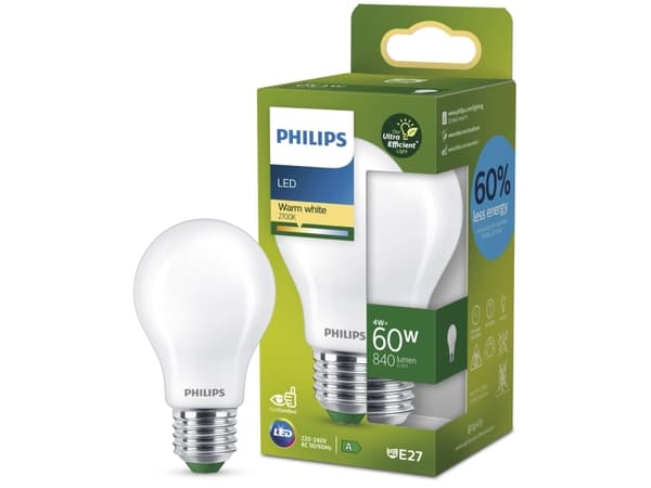 Philips - LED-filamentlyspære - form: A60 - mattslipt finish - E27 - 4 W (ekvivalent 60 W) - klasse A - varmt hvitt lys - 2700 K