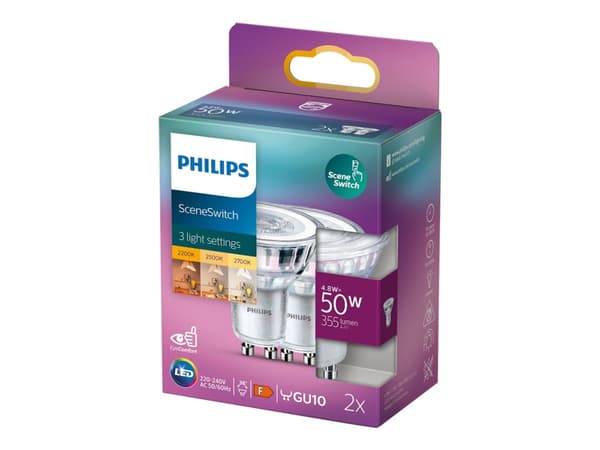Philips SceneSwitch - LED-spotlight - GU10 - 1.5/3.5/4.8 W (motsvarande 50 W) - klass F - varmvitt/flammljus - 2200/2500/2700 K (paket om 2)