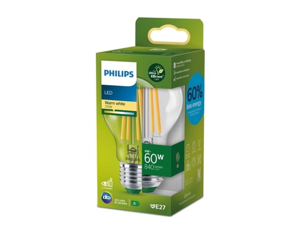 Philips - LED-glödlampa med filament - form: A60 - klar finish - E27 - 4 W (motsvarande 60 W) - klass A - varmt vitt ljus - 2700 K - transparent