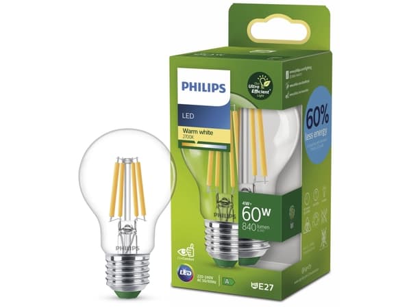 Philips - LED-glödlampa med filament - form: A60 - klar finish - E27 - 4 W (motsvarande 60 W) - klass A - varmt vitt ljus - 2700 K - transparent