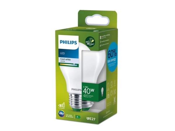Philips - LED-glödlampa med filament - form: A60 - glaserad finish - E27 - 2.3 W (motsvarande 40 W) - klass A - varmt vitt ljus - 4000 K