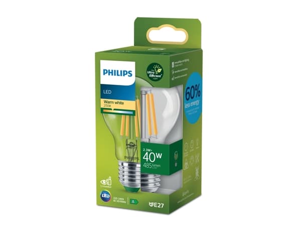 Philips - LED-glödlampa med filament - form: A60 - klar finish - E27 - 2.3 W (motsvarande 40 W) - klass A - varmt vitt ljus - 2700 K
