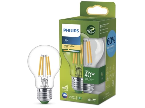 Philips - LED-glödlampa med filament - form: A60 - klar finish - E27 - 2.3 W (motsvarande 40 W) - klass A - varmt vitt ljus - 2700 K