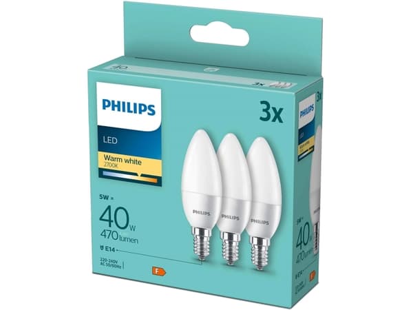 Philips stearinlys 40 W B35 E14 x 3, 4,9 W, 40 W, E14, 470 lm, 15 000 t, varm hvit