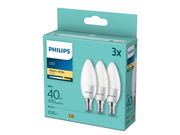 Philips stearinlys 40 W B35 E14 x 3, 4,9 W, 40 W, E14, 470 lm, 15 000 t, varm hvit