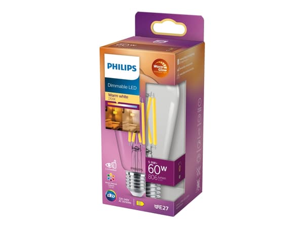Philips - LED-glödlampa med filament - form: ST64 - klar finish - E27 - 5.9 W (motsvarande 60 W) - klass D - varmt vitt ljus - 2200-2700 K