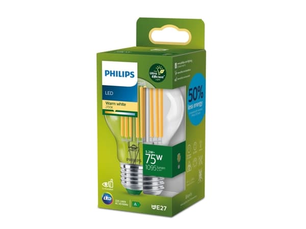 Philips - LED-filamentlyspære - form: A60 - klar finish - E27 - 5.2 W (ekvivalent 75 W) - klasse A - varmt hvitt lys - 2700 K