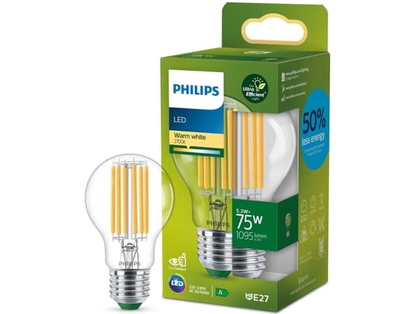 Philips - LED-filamentlyspære - form: A60 - klar finish - E27 - 5.2 W (ekvivalent 75 W) - klasse A - varmt hvitt lys - 2700 K