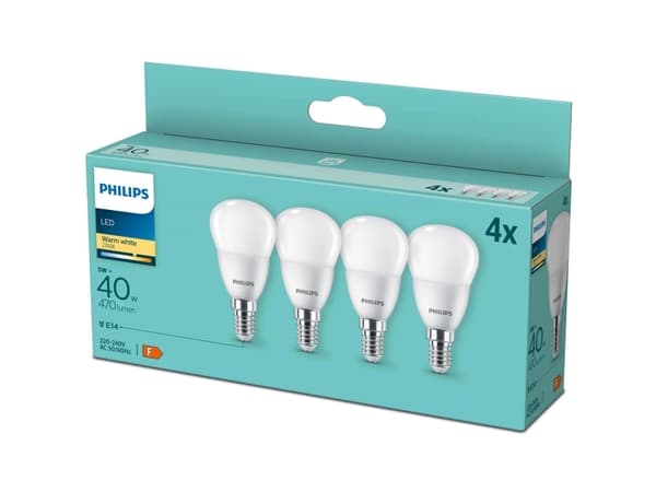 Philips Kronljus 40 W P45 E14 x4, 4,9 W, 40 W, E14, 470 LM, 15000 h, Varmvitt