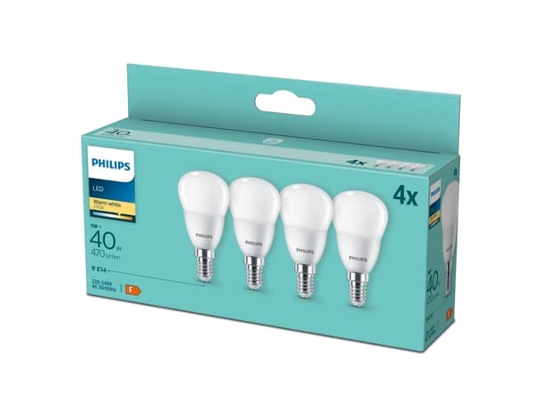 Philips Kronljus 40 W P45 E14 x4, 4,9 W, 40 W, E14, 470 LM, 15000 h, Varmvitt