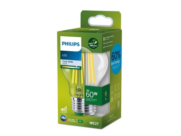 Philips - LED-glödlampa med filament - form: A60 - klar finish - E27 - 4 W (motsvarande 60 W) - klass A - svalt vitt ljus - 4000 K - transparent