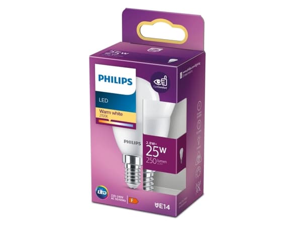 Philips - LED-glödlampa - form: P45 - glaserad finish - E14 - 2.8 W (motsvarande 25 W) - klass F - varmt vitt ljus - 2700 K