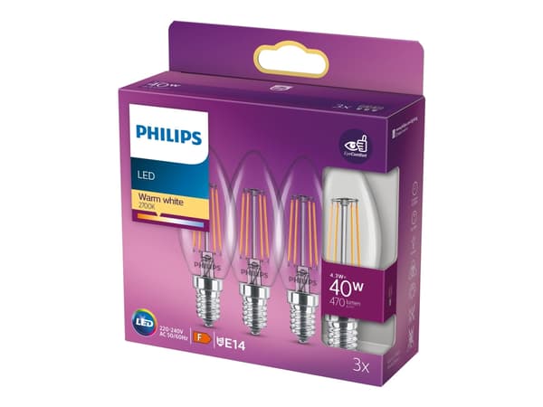 Philips - LED-filamentlyspære - form: B35 - klar finish - E14 - 4.3 W (ekvivalent 40 W) - klasse F - varmt hvitt lys - 2700 K (en pakke 3)