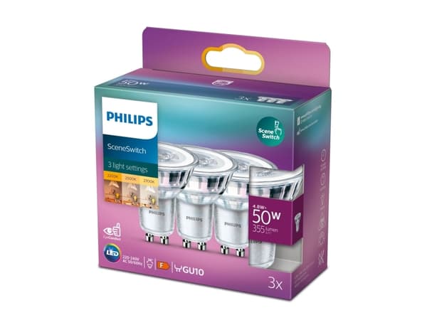 Philips SceneSwitch - LED-pistelamppu - GU10 - 1,5/3,5/4,8 W (50 W vastaava) - luokka F - lämmin valkoinen/liekkivalo - 2200/2500/2700 K (3 kpl)