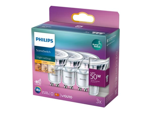 Philips SceneSwitch - LED-pære for søkelys - GU10 - 1.5/3.5/4.8 W (ekvivalent 50 W) - klasse F - varmhvitt/flammelys - 2200/2500/2700 K (en pakke 3)