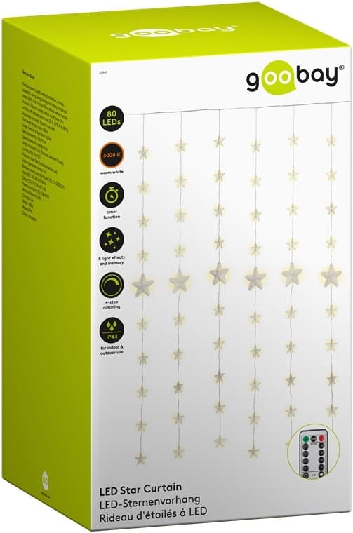 Goobay 80 LED-stjernegardin med fjernkontroll, timerfunksjon, 8 lysmoduser, dimmer og 31 V ekstern transformator, varmhvit (3000 K)