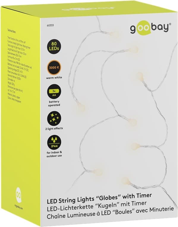 Goobay 80 LED lyskæde "Kugler" med timerfunktion og 2 lysindstillinger, varm hvid (3000 K), batteridrevet, IP44