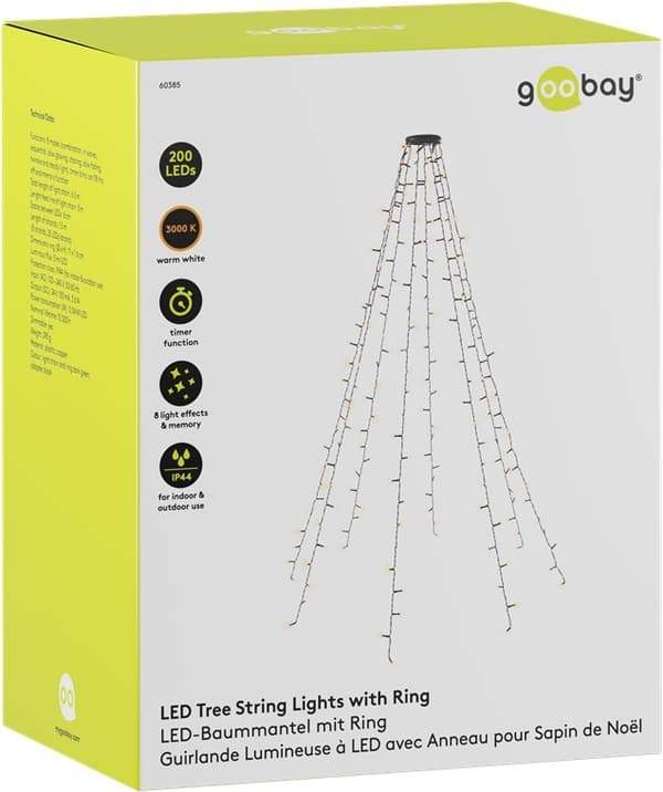 Goobay 200 LED överkast julgransbelysning med ring med timer och minnesfunktion, 8 ljuslägen, 24 V extern transformator, varmvitt (3000 K), för inomhu
