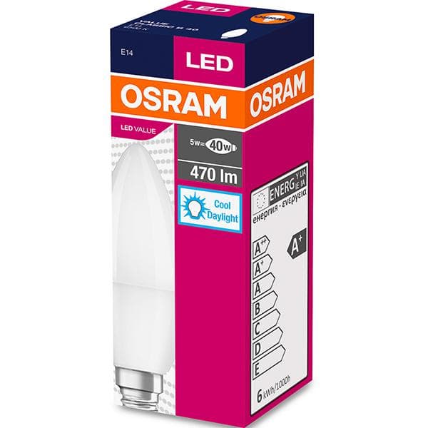 BEC LED Osram, soclu E14, putere 5.5W, forma lumanare, lumina alb rece, alimentare 220 - 240 V, "000004052899971066" (timbru verde 0.45 lei)