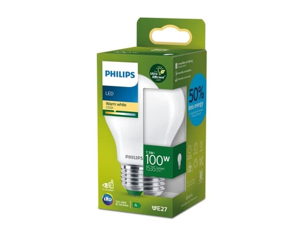 Philips - LED-glödlampa med filament - form: A60 - glaserad finish - E27 - 7.3 W (motsvarande 100 W) - klass A - varmt vitt ljus - 2700 K