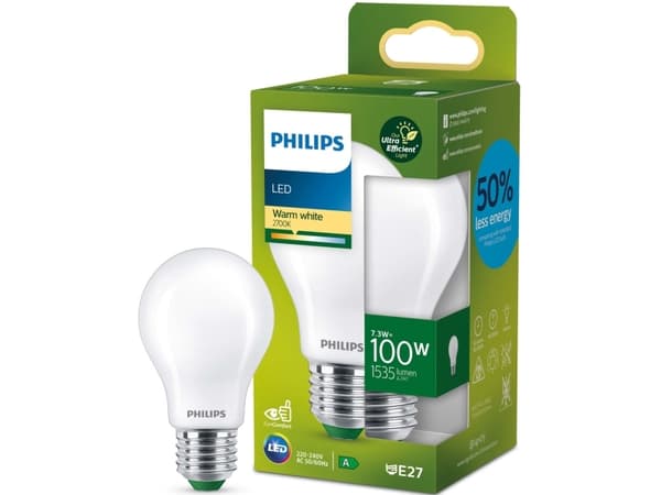 Philips - LED-glödlampa med filament - form: A60 - glaserad finish - E27 - 7.3 W (motsvarande 100 W) - klass A - varmt vitt ljus - 2700 K