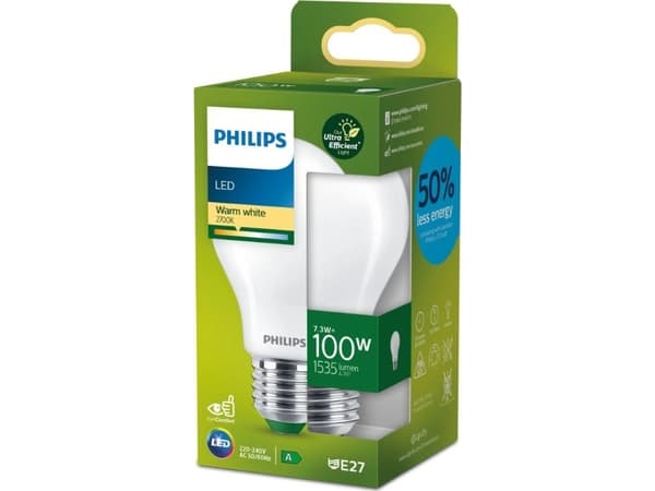 Philips - LED-glödlampa med filament - form: A60 - glaserad finish - E27 - 7.3 W (motsvarande 100 W) - klass A - varmt vitt ljus - 2700 K