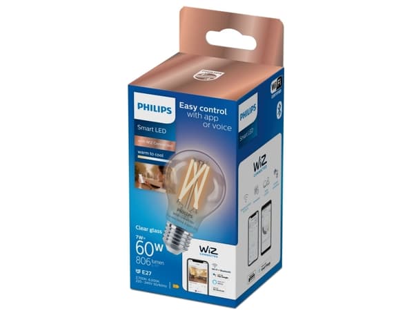 Philips Smart - LED-filamentlyspære - form: A60 - klar finish - E27 - 7 W (ekvivalent 60 W) - klasse E - avstembar hvit - 2700-6500 K