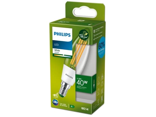 Philips - LED-glödlampa - form: B35 - klar finish - E14 - 2.3 W (motsvarande 40 W) - klass A - vitt ljus - 3000 K