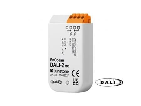 Trådløs DALI gateway baseret på EnOcean teknologien. Kan styres af batteriløse EnOcean tryk til Fuga.