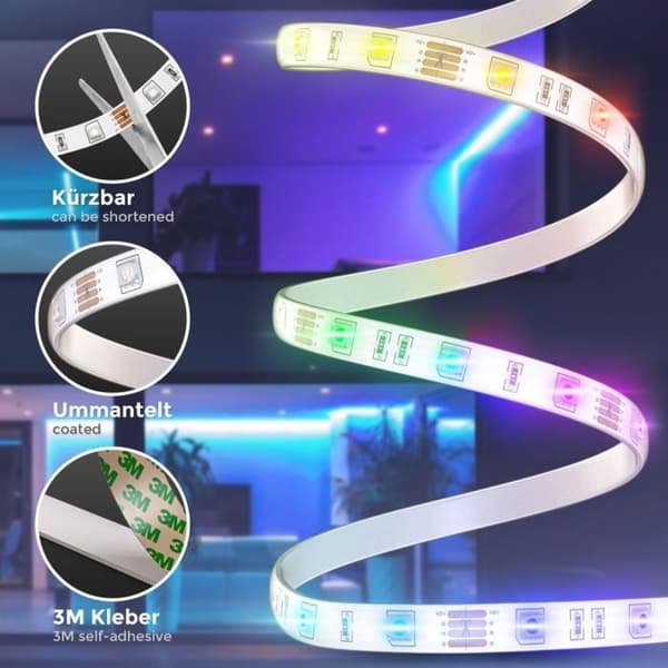 B.K.Licht LED-remsa 3m, silikon, RGB, fjärrkontroll, självhäftande, färgskiftande, förkortningsbar, ljustejp, belysning