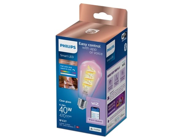 Philips Smart - LED-filamentlyspære - form: ST64 - klar finish - E27 - 6.3 W (ekvivalent 40 W) - klasse G - RGB-lys - 2200-6500 K