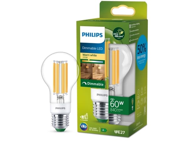Philips - LED-filamentlyspære - form: A60 - klar finish - E27 - 4 W (ekvivalent 60 W) - klasse A - varmt hvitt lys - 2700 K - gjennomsiktig