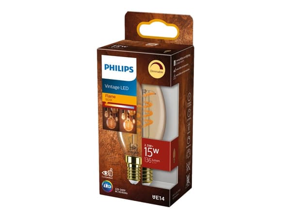 Philips Kynttilälamppu ja Lustre (himmennettävä), 2,5 W, 15 W, E14, 136 lm, 15000 h, Flame