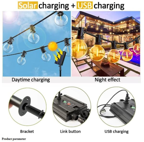 G40 Solar String Lights Patio Light Solar og USB Powered Vandtæt Globe Pendel Lights med brudsikker