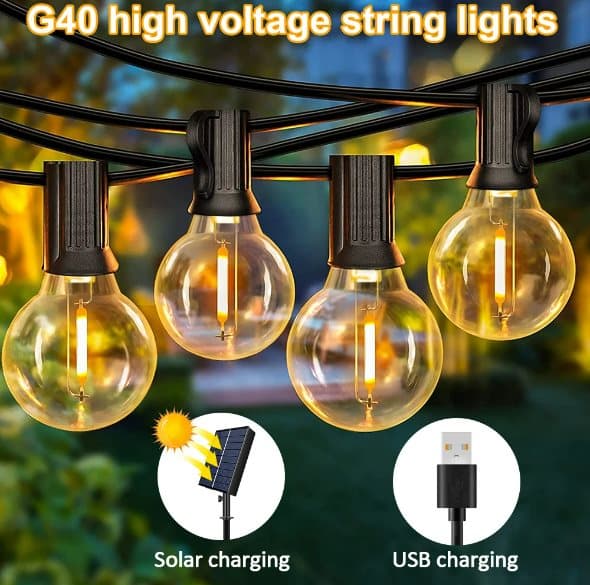G40 Solar String Lights Patio Light Solar og USB Powered Vandtæt Globe Pendel Lights med brudsikker