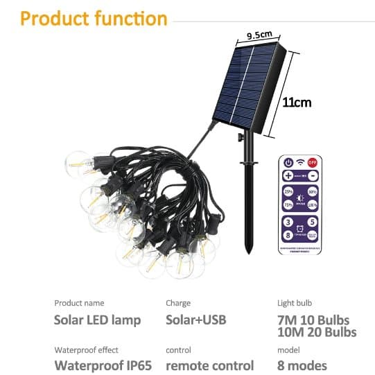 G40 Solar String Lights Patio Light Solar og USB Powered Vandtæt Globe Pendel Lights med brudsikker