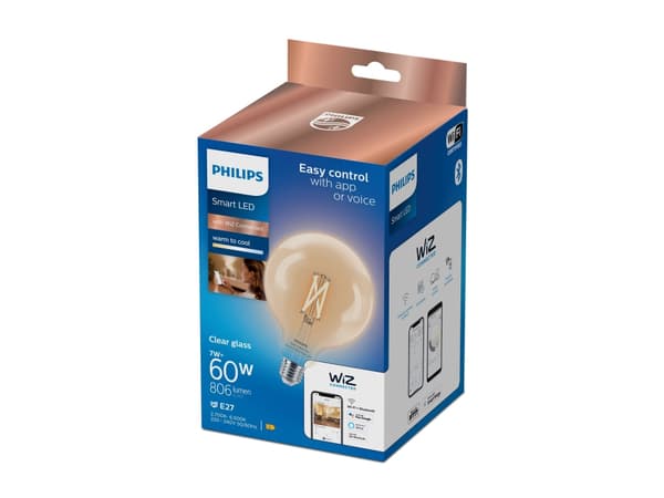 Philips Smart - LED-filamentlyspære - form: G125 - klar finish - E27 - 7 W (ekvivalent 60 W) - klasse E - avstembar hvit - 2700-6500 K