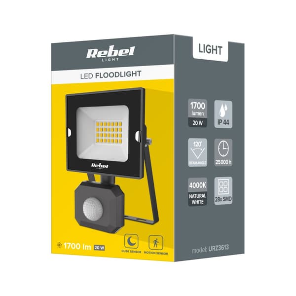 20W LED-spotlight med rörelse- och skymningssensor, 4000K, 230V