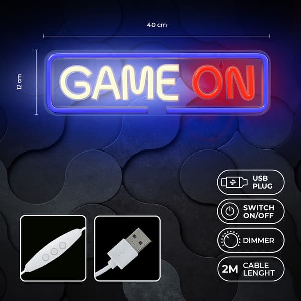 LED Neon Lysskilt "Game On" med Dimmer og USB-strømforsyning