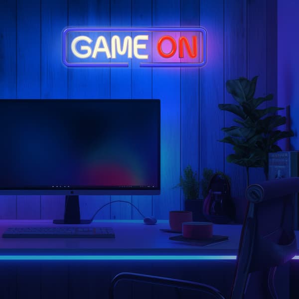 LED Neon Lysskilt "Game On" med Dimmer og USB-strømforsyning
