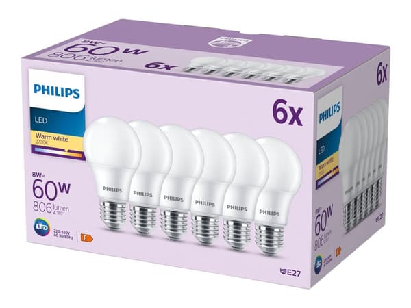 Philips LED Normallampe mit 60W, E27 Sockel, Matt, Warmwhite (2700K) 6er Pack