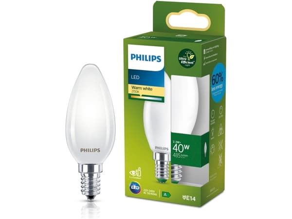 Philips - LED-glödlampa med filament - form: B35 - glaserad finish - E14 - 2.3 W (motsvarande 40 W) - klass A - varmt vitt ljus - 2700 K
