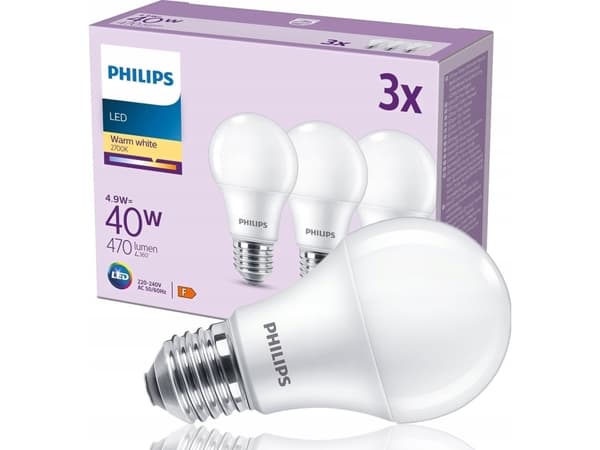Philips CorePro - LED-lyspære - form: A60 - mattslipt finish - E27 - 4.9 W (ekvivalent 40 W) - klasse F - varmt hvitt lys - 2700 K (en pakke 3)