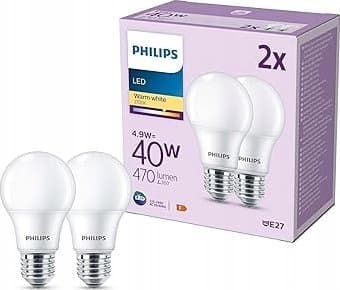 Philips - LED-lyspære - form: A60 - mattslipt finish - E27 - 4.9 W (ekvivalent 40 W) - klasse F - varmt hvitt lys - 2700 K (en pakke 2)