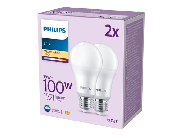 Philips - LED-glödlampa - form: A67 - glaserad finish - E27 - 13 W (motsvarande 100 W) - klass E - varmt vitt ljus - 2700 K (paket om 2)